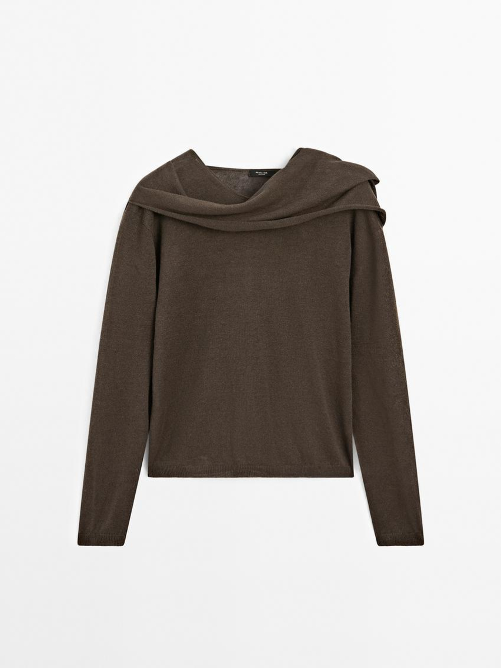 Massimo Dutti Свитер из смесового льна с платком, коричневый
