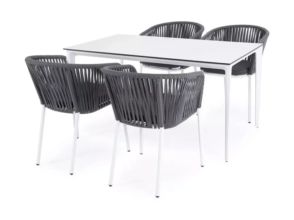 "Малага" обеденная группа на 4 персоны со стульями "Бордо", каркас белый, роуп серый