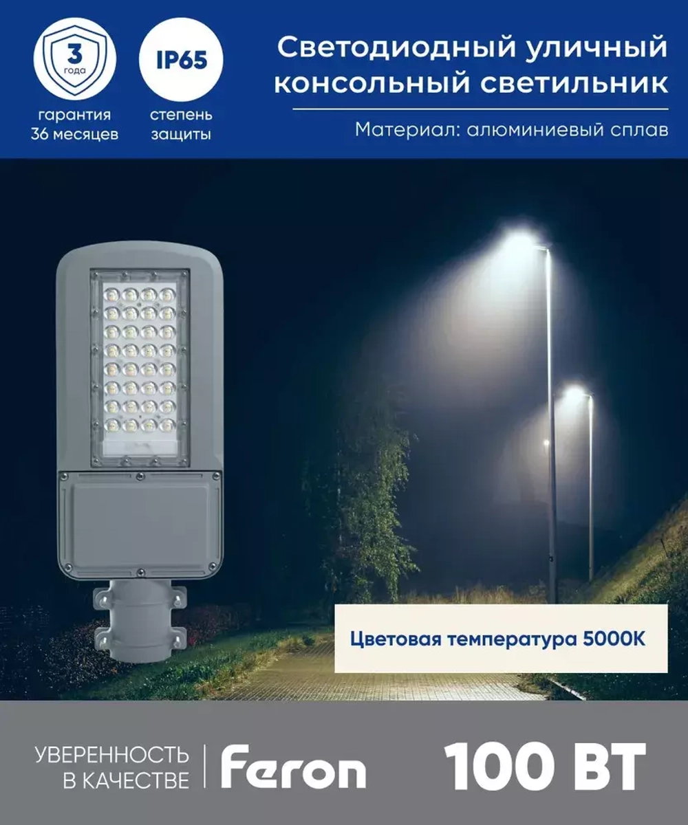 Светильник LED ДКУ уличный SP3040 100W 5000K серый Feron 41550