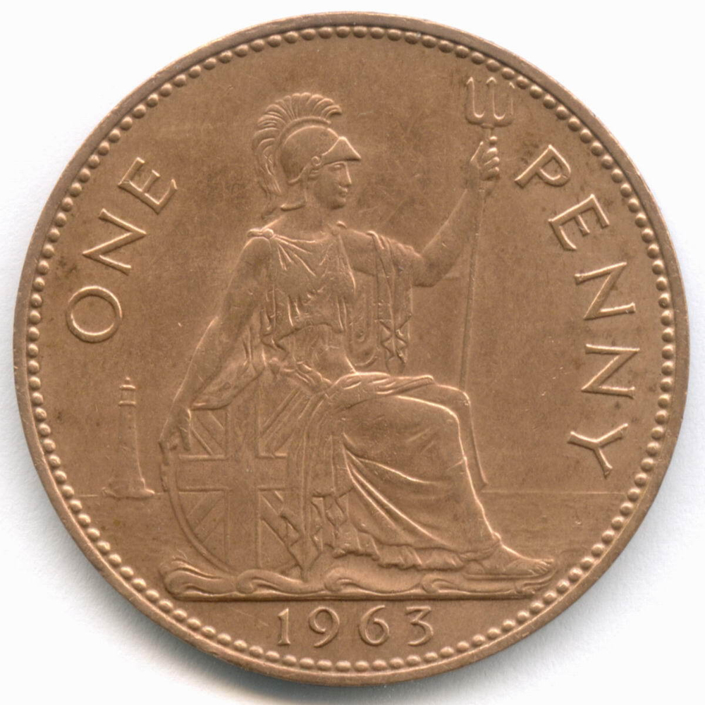 1 пенни 1963 год. Великобритания. Елизавета II. Бронза, диаметр 30,8 мм. XF