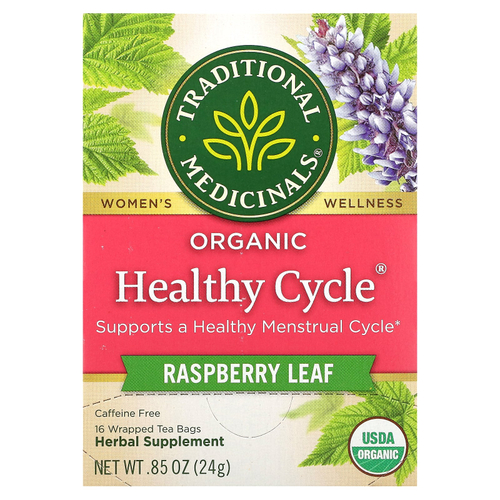 Traditional Medicinals, Organic Healthy Cycle®, листья малины, без кофеина, 16 упакованных чайных пакетиков, 24 г (0,85 унции)