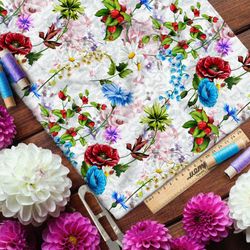 Ткань оксфорд 600 сочные контрастные цветы на бежевом фоне