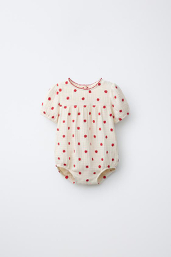 ZARA КОМБИНЕЗОН С ВЫШИВКОЙ «ЦВЕТЫ», ЭКРЮ/КРАСНЫЙ