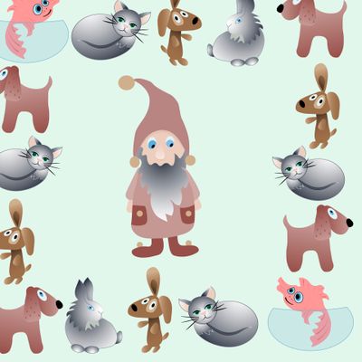 Vector drawing cartoon little animals and gnome.