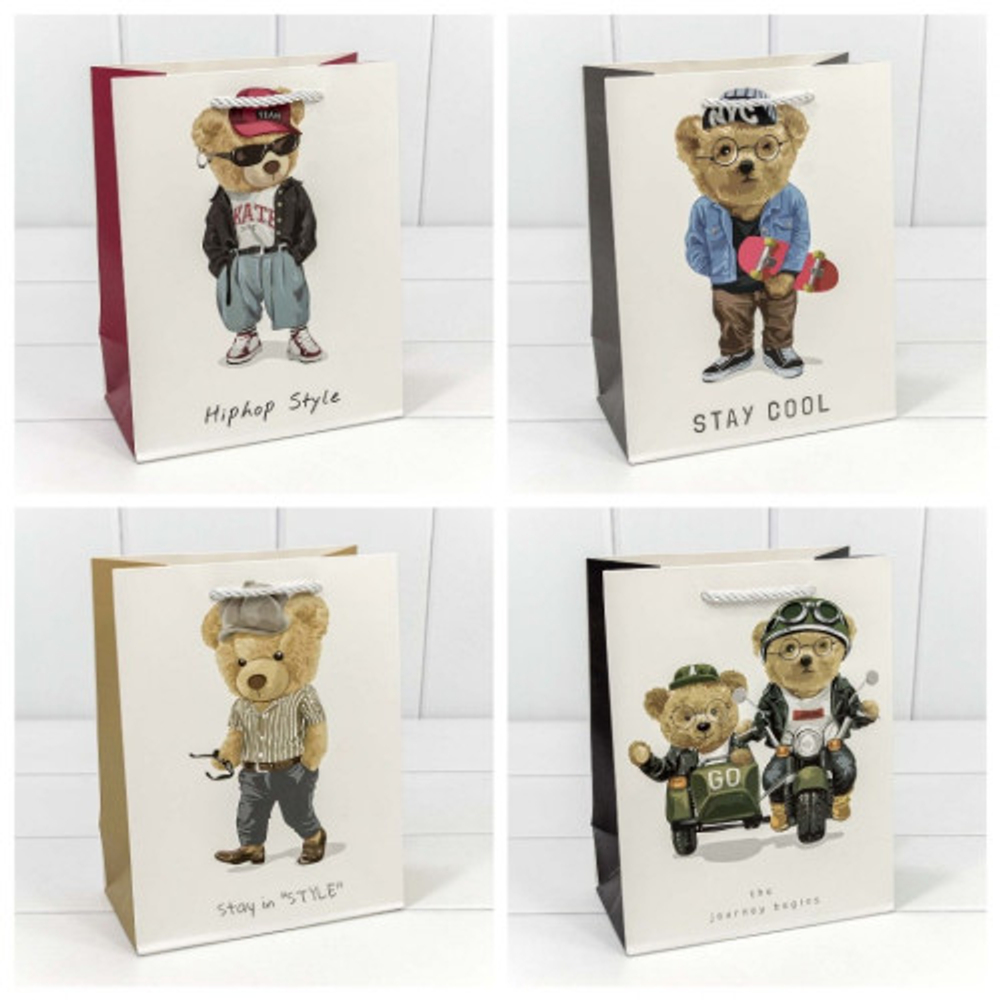 Пакет подарочный 18х23х10см "Стильные мишки" (Микс)