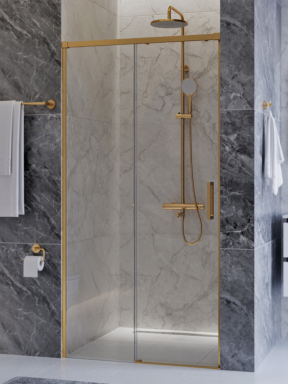 Душевая дверь CEZARES PLANE-BF-1-110-C-BORO, 110х195, профиль брашированное золото, стекло прозрачное