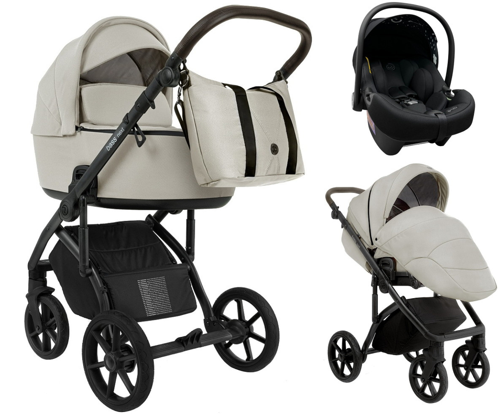 Детская коляска Roan Bass Next 2.0 3 в 1 с автокреслом Tutis Elo Lux EduSky Black BSN/45/2 Marzipan/Black/руч.Cappuccino(2 места)