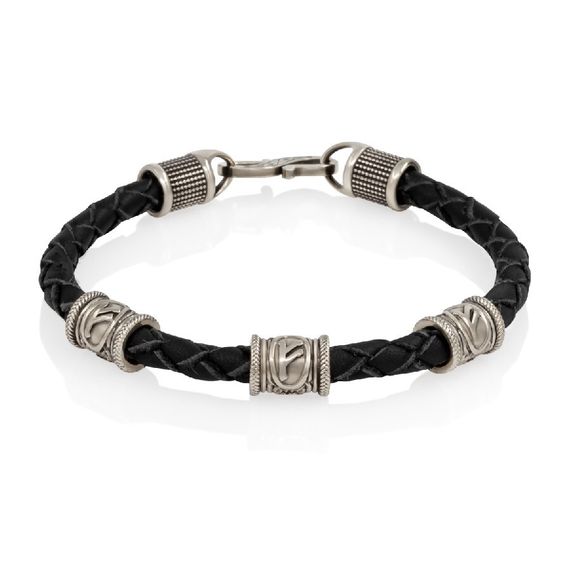 Браслет гайтан черный 5 мм с тремя рунами Феху Мельхиор, вид 1