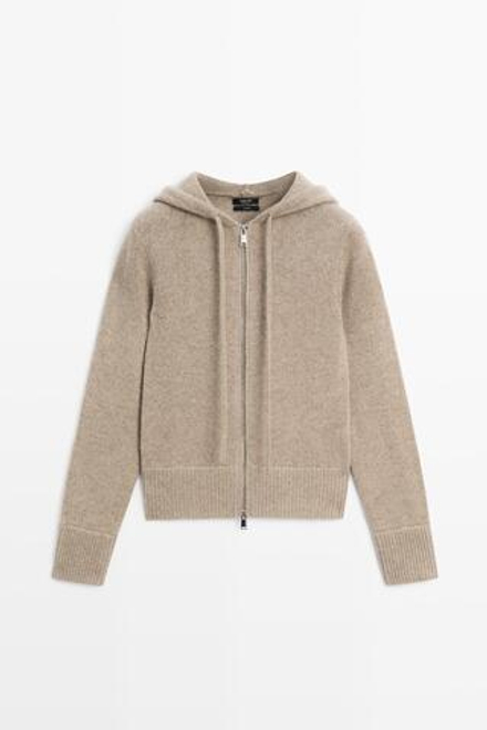 Massimo Dutti Кардиган из 100% кашемира с капюшоном и молнией, бежевый
