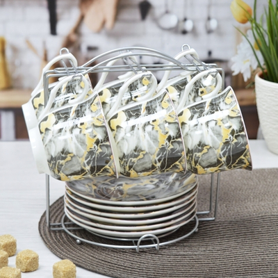 Чайный набор 12 предметов 230мл на подставке "Черный мрамор" (100373)