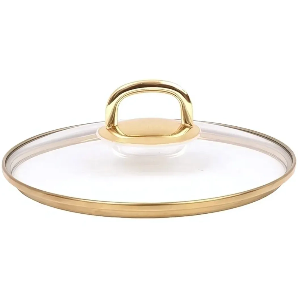 Крышка стеклянная 220мм, с ободом и пароотводом из нерж. стали под золото и ручкой-кнопкой