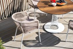 "Марсель" стул плетеный из роупа, каркас алюминий белый муар, роуп бежевый круглый, ткань бежевая 15052