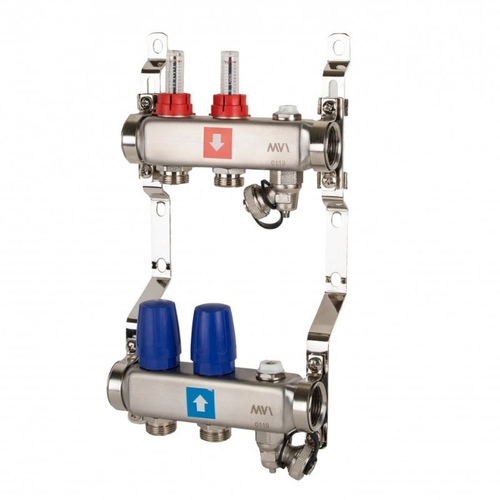 Блок коллекторный MVI из нержавеющей стали DN 25-2 выхода G 3/4, с расходомерами, с дренажным краном и воздухоотводчиком, евроконус, MS.702.06