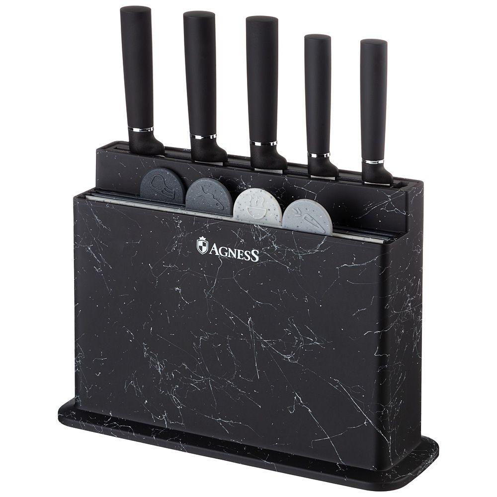 НАБОР AGNESS ИЗ 10ПР: 5 НОЖЕЙ, 4 ДОСКИ И ПОДСТАВКА, ЦВЕТ: ЧЕРНЫЙ МРАМОР