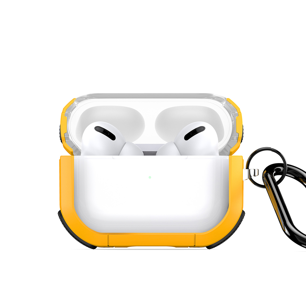 Усиленный прозрачный чехол с желтыми вставками от Dux Ducis для наушников AirPods Pro2, серия PECD Series Case, в комплекте с карабином