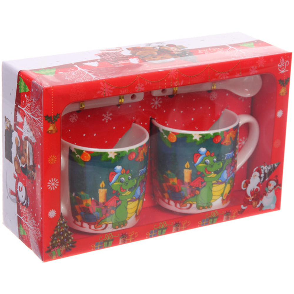 Кружка керамическая 200мл в наборе 2шт с ложками «Веселый Дракоша»