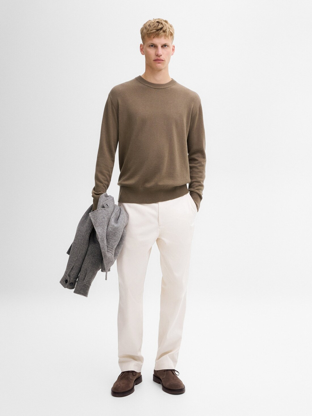 Massimo Dutti Шерстяной свитер с круглым вырезом, кофейный