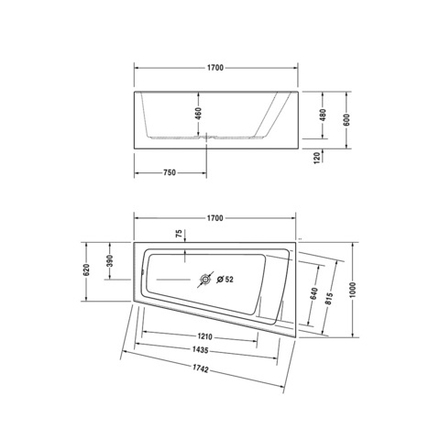 Ванна с наклоном для спины Duravit Paiova 170x62/100 правая 700265 00 0 00 0000