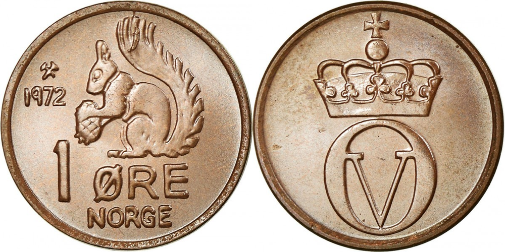 Норвегия 1 эре, 1958 - 1972 Белочка XF