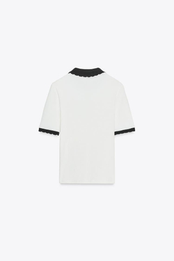 ZARA ФУТБОЛКА С КОНТРАСТНЫМ ВОРОТНИКОМ И БАНТОМ, БЕЛЫЙ