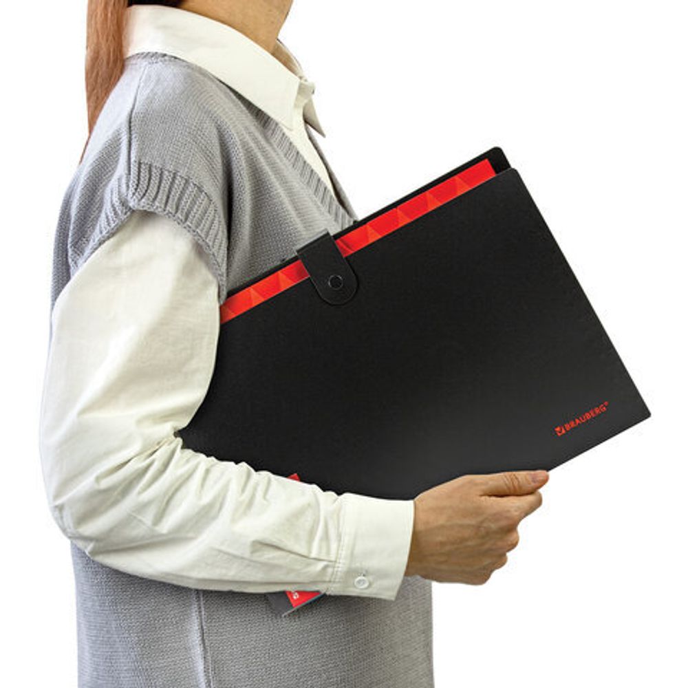 Папка-органайзер на кнопке 12 отделений, BRAUBERG "Extra", А4, черная с красным, 271934