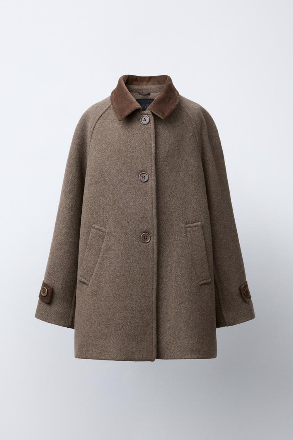 ZARA ПАЛЬТО ИЗ КОНТРАСТНОГО ВЕЛЬВЕТА С ШЕРСТЬЮ, СЕРОВАТО-КОРИЧНЕВЫЙ