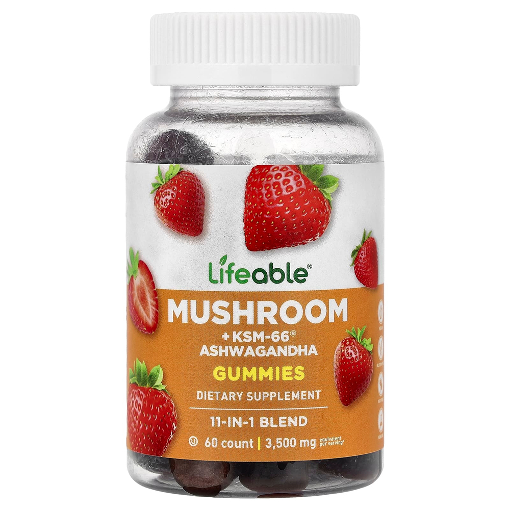 Lifeable, Mushroom + KSM-66®, жевательные ашваганда, со вкусом клубники, 60 жевательных таблеток