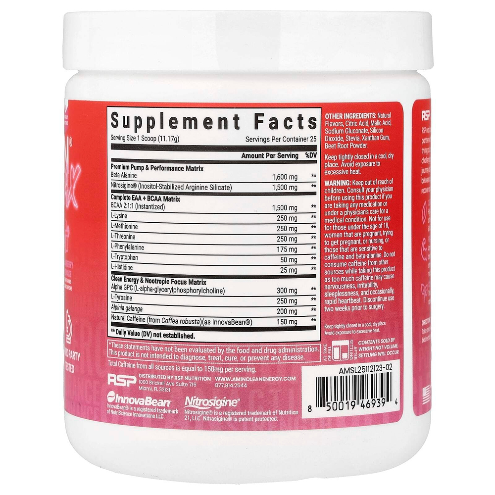 RSP Nutrition, AminoLean Max, добавка для повышения уровня энергии перед тренировкой, клубничный лимонад, 279 г (9,85 унции)