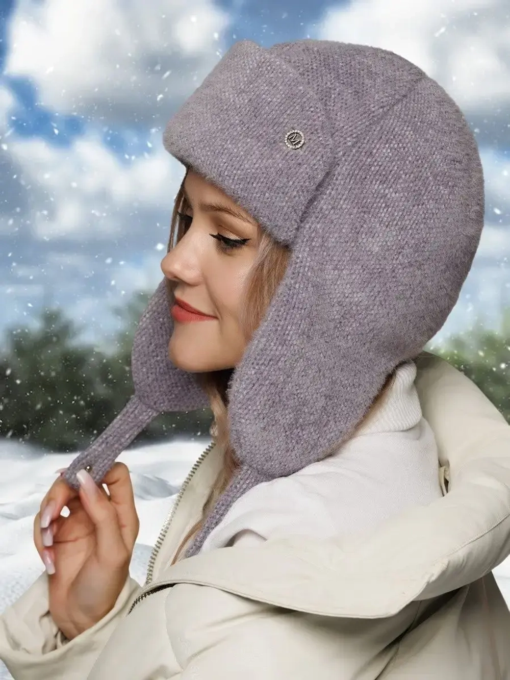 Шапка ушанка зимняя вязаная на флисе