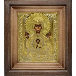 "Знамение". Старинная писанная икона Божией Матери в окладе.