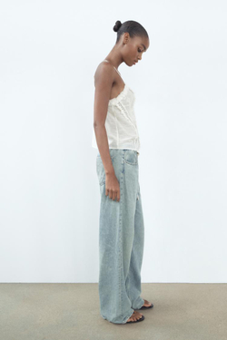 ZARA ТОП ИЗ ХЛОПКОВОГО МУСЛИНА С ВЫШИВКОЙ, ЖЕЛТОВАТО-БЕЛЫЙ