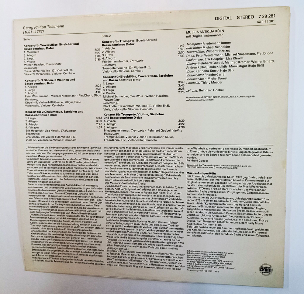Винтажная виниловая пластинка LP Telemann Телеманн, Musica Antiqua Koln, Reinhard Goebel Blaserkonzerte Wind Concertos Concertos Pour Instruments A Vent (GDR 1989)