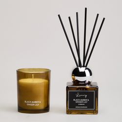 НАБОР АРОМАТИЧЕСКИЙ "LUXURY" СВЕЧА В СТАКАНЕ 6*7,5 СМ И ДИФФУЗОР 70 МЛ BLACK AMBER&GINGER LILY