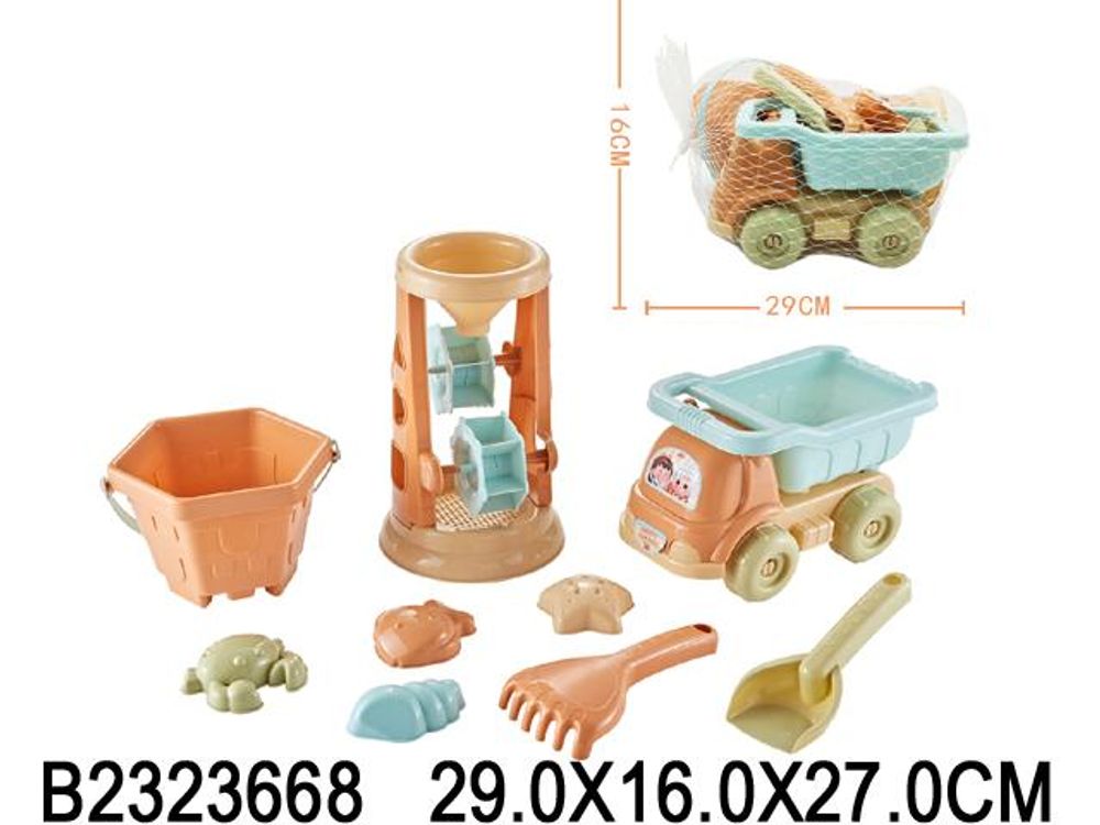 Набор для игры в песок 9 предметов: Самосвал, ведро, мельница, совок, грабли, 4 формочки, сетка 200-