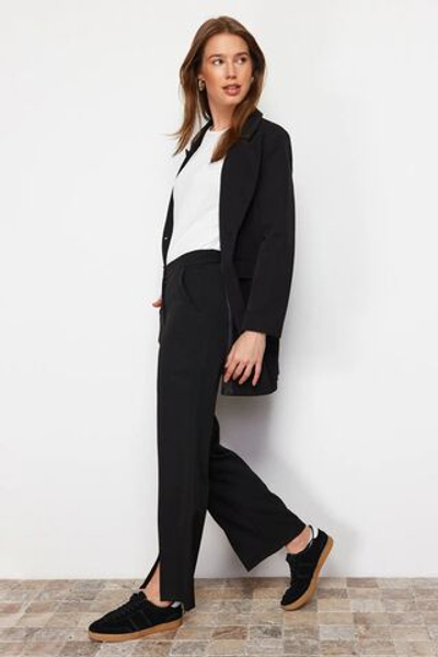 Черные тканые брюки с прорезями на высокой талии и карманами TCTSS22PL0367