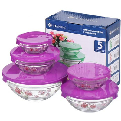 Салатник стекло, кругл, 5 шт, 9,10.3,12.5,14,17 см, с крыш, Пионы, Daniks, фиолет