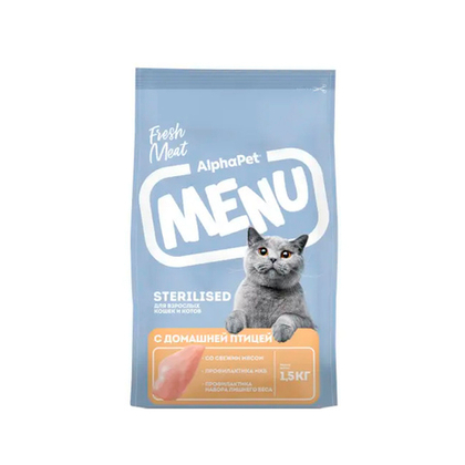 Сухой корм для взрослых стерилизованных кошек и котов с домашней птицей AlphaPet MENU