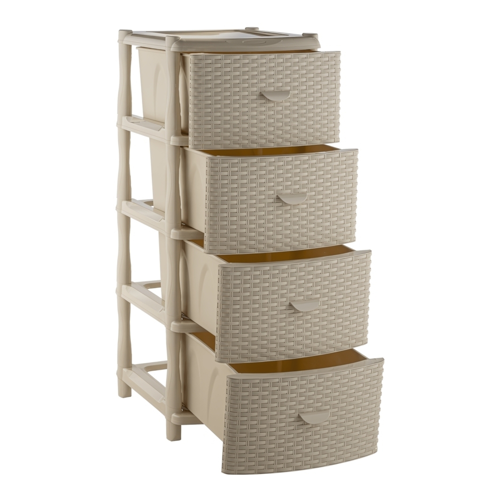 Комод "Элластик" 4 ящика с фасадом Люкс (плетенка), цвет слоновая кость, ножки на колесиках