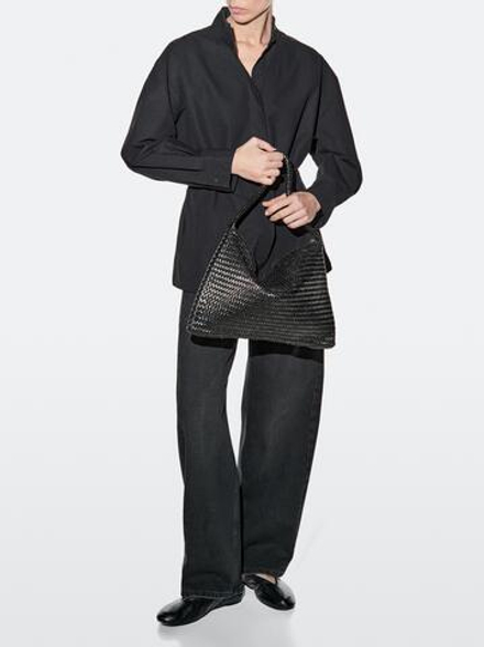 Massimo Dutti Сумка через плечо из плетеной кожи среднего размера, черный
