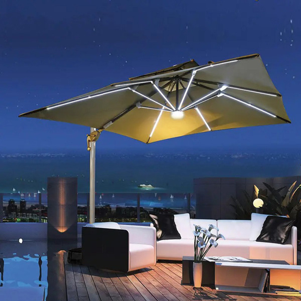 Зонт садовый складной с подставкой и подсветкой, квадратный 300 см, бежевый