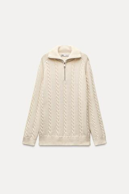 ZARA СВИТЕР С УЗОРОМ «КОСЫ» И ЗАСТЕЖКОЙ-МОЛНИЕЙ, ЭКРЮ