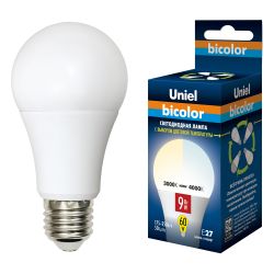 LED-A60-9W-WW+NW-E27-FR PLB01WH Лампа светодиодная. Форма А. матовая. Серия Bicolor. Теплый белый свет Белый свет. Картон. ТМ Uniel.