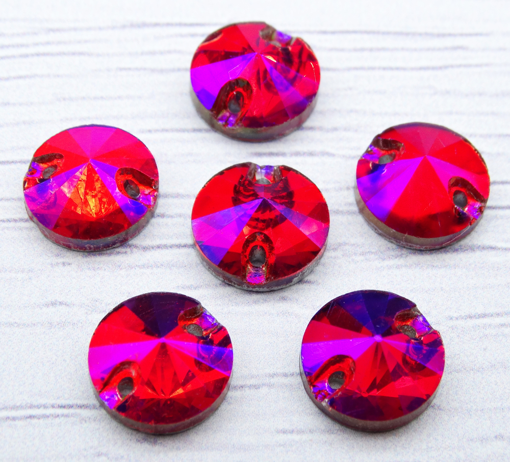 РИ001ДС10 Хрустальные стразы круглые пришивные "риволи", цвет: фуксия AB, размер: 10 мм, 10 шт.