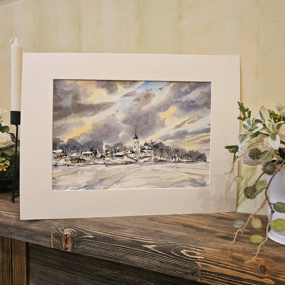 Картина авторская акварельная в паспарту 30х40 см на стену для интерьера "Февральский закат на Талабах"