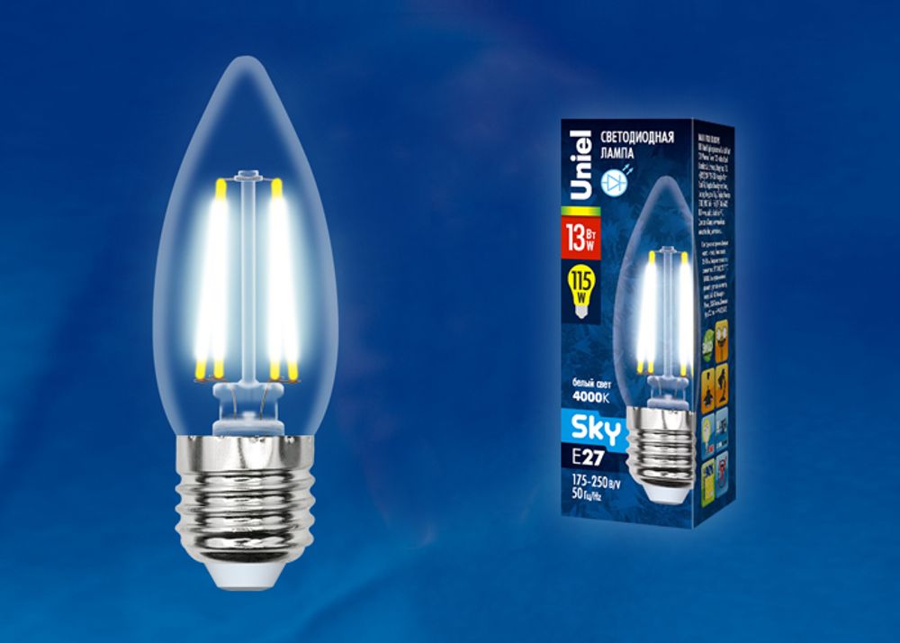 LED-C35-13W/4000K/E27/CL PLS02WH Лампа светодиодная. Форма свеча, прозрачная. Серия Sky. Белый свет (4000К). Картон. ТМ Uniel.