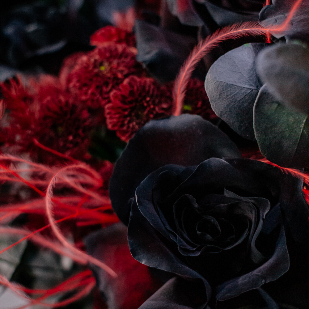 87. Стильный темный букет с черными французскими розами