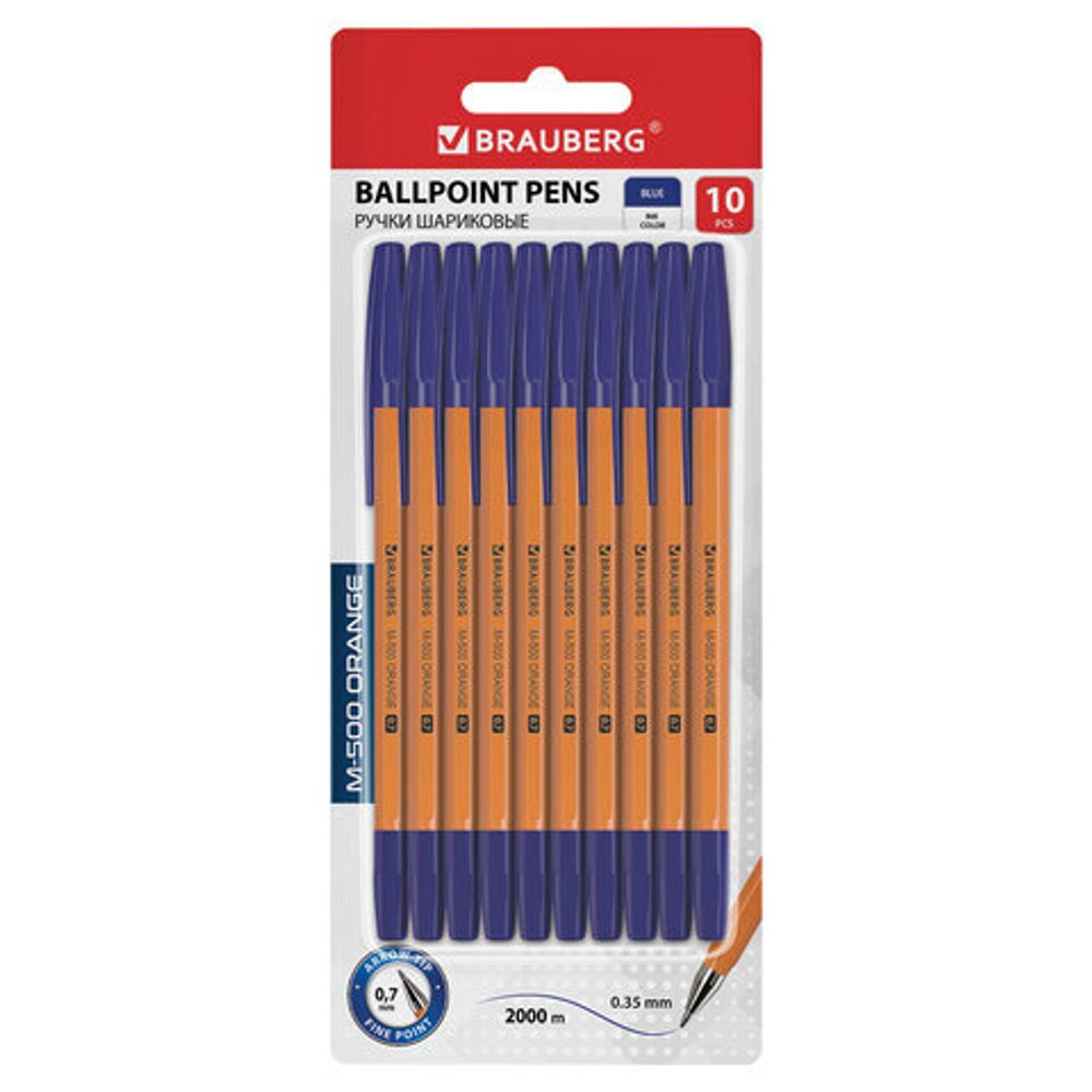 Ручки шариковые BRAUBERG "M-500 ORANGE", НАБОР 10 шт., СИНИЕ, узел 0,7 мм, линия письма 0,35 мм, 143951