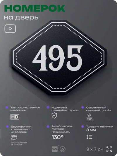Номерок на дверь квартиры 495, для кабинета, офиса, шильдик 9 х 7 см, черный, Айдентика Технолоджи