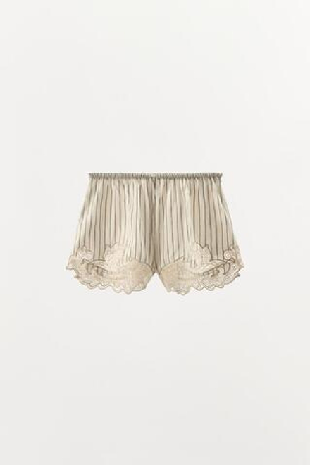 ZARA ШОРТЫ В ПОЛОСКУ С ВЫШИВКОЙ И КРУЖЕВОМ, ЭКРЮ/ЧЕРНЫЙ