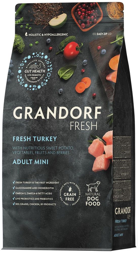 Grandorf Fresh 3кг Holistic Mini Turkey&amp;Sweet Potato Сухой корм для собак малых пород, свежее мясо индейки с бататом
